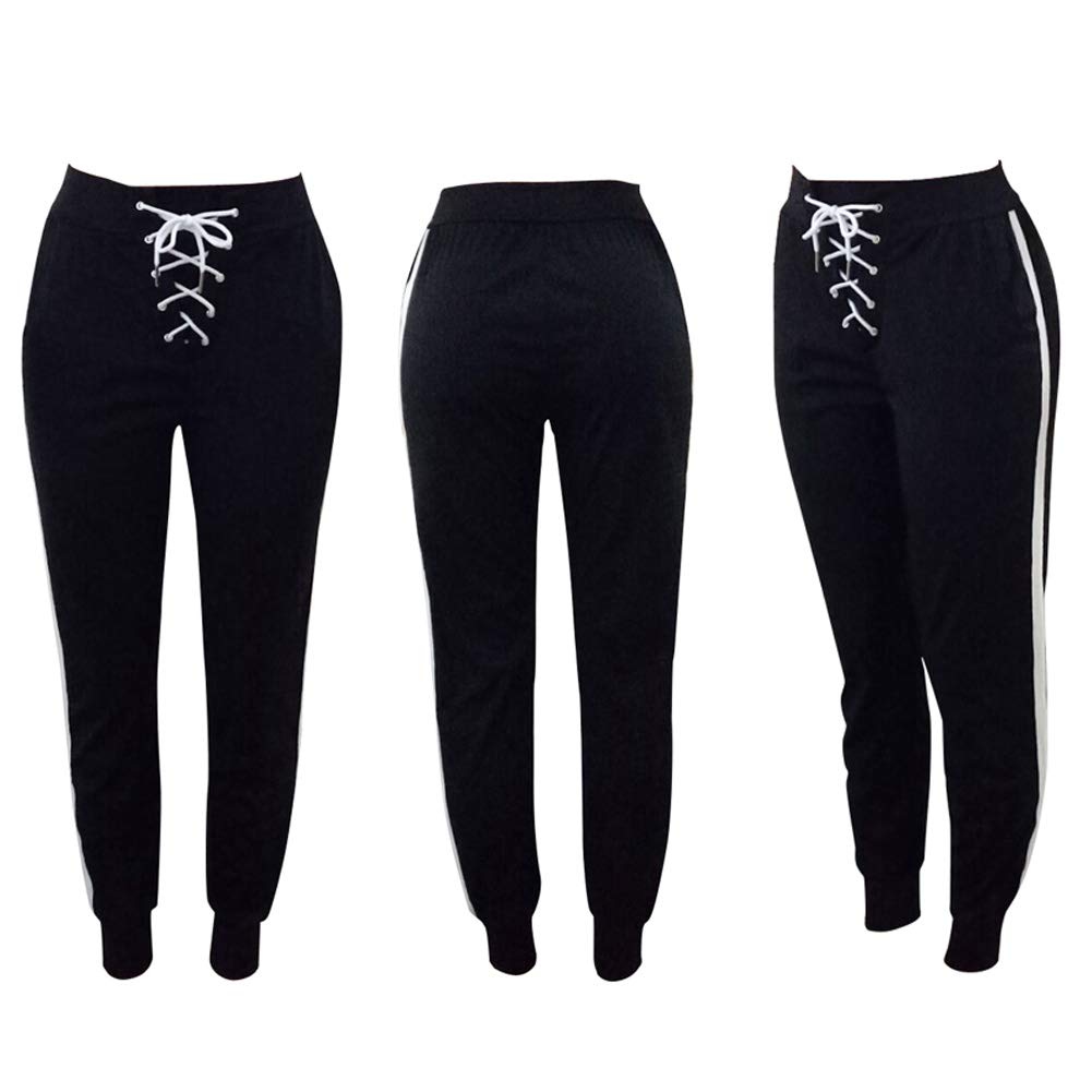 Dreamparis Women\'s Lace Up Pencil Pants - Casual High Waist Workout Sports Leggings with Pockets Medium Black