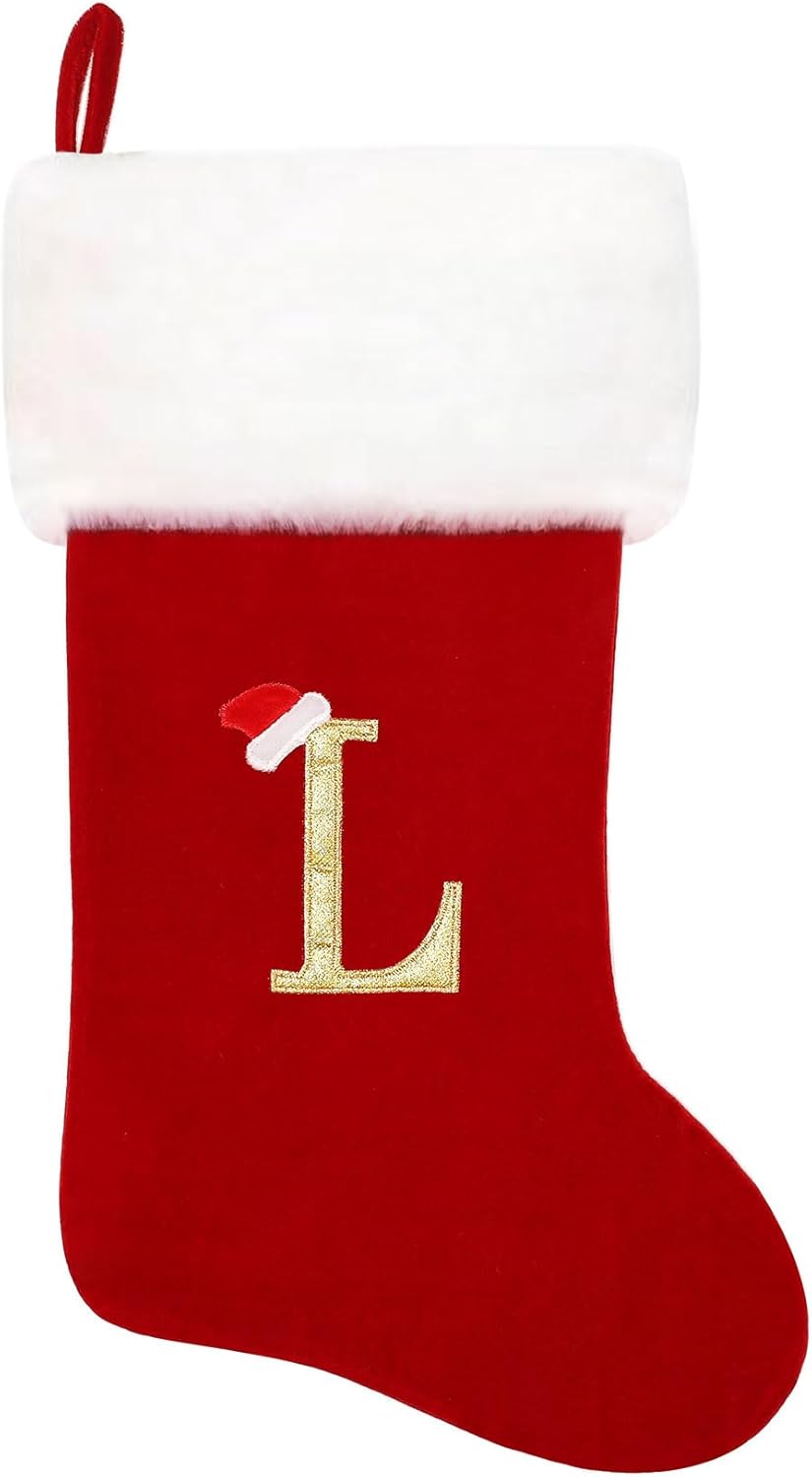 Stockings & Holders - Eoocan 20 Inches Monogram Christmas Stockings Red Velvet with White Super Soft Plush Cuff Embroidered Xmas Stockings Classic Personalized Stocking Decorations for Family Holiday Season Decor(Letter L)