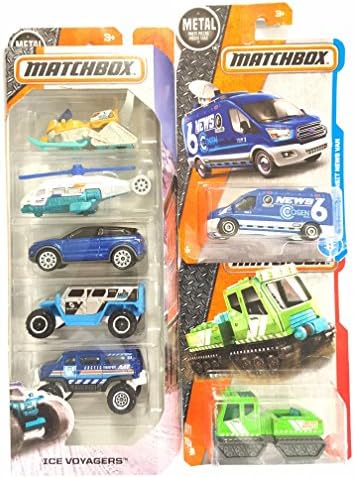Matchbox 2018 Ice Voyagers 5-Pack: SNOW RIPPER ,SEA HUNTER, RANGER ROVER EVOQUE, GHE-O RESCUE & VANTOM & BONUS: MATCHBOX HAIL CAT & Matchbox 2017 MBX Adventure City '14 Ford Transit News Van