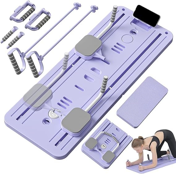 Foldable Pilates Reformer Set, New Upgraded 6 in1 Reformer Pilates Machine with Mobile Phone Holder, Multi-Purpose Pilates Board Abdominal Exercise Board for Home Workout (Purple)