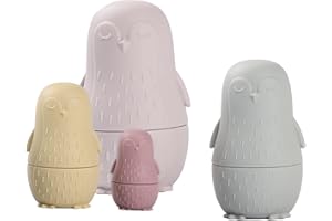 Macabaka Nesting Dolls Toys Set, Silicone Matryoshka Style Nesting Cups for EasterToy, Montessori Penguin Shaped Educational Toys for Kids, Birthday Gift and Shower Gift 4 PCS (Beige)