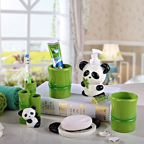 Panda Bear Bathroom Accessory Set Pen Pencil Holder for Office Deck Decor Hand Made &amp; Hand Painted Resin 5 Pieces Set Collection Gift with Sanitary Ware - Christmas Presents Gifts for Children