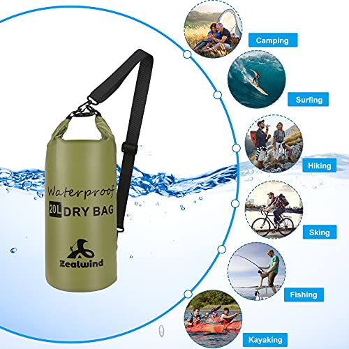 Zealwind Waterproof Dry Bag Backpack Floating Dry Sack with Phone Case, 10L/20L/30L/40L Water Proof Bag Packs, Roll Top Drybag for Kayaking, Paddleboarding, Rafting, Swimming, Boating (Army Green, 10L