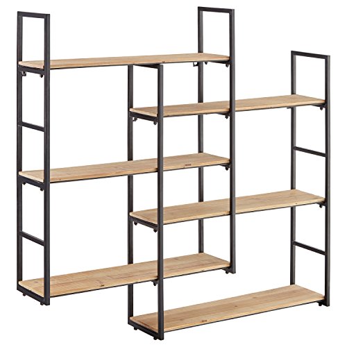 Rivet Modern Wood and Iron Shelves, 36.25" H, Natural and Black