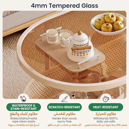 ALISMAEEL Coffee Table Movable Round Side Table 2-Tier End Table with Braked Universal Wheels, Open Double-Layer Storage Scratch-resistant High-temperature, Easy-to-clean Glass (60 * 40 * 50 cm)