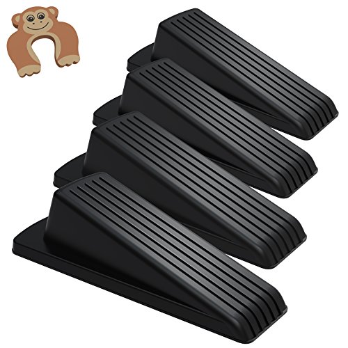 Door Stop, Ezire Premium Door Stopper Wedge Rubber With Finger Pinch Guard- Multi Surface, Non Scratching Slip Resistant Design- Gaps up to 1.2 Inches (Black 4+1Pack)