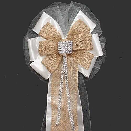 White Satin Burlap Bling Rustic Wedding Pew Bow - 10" wide - Available in Ivory