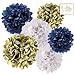 Andaz Press Hanging Tissue Paper Pom Poms Party Decor Trio Kit with Free Party Sign, Gold, Navy Blue, White, 6-Pack, for Nautical Baby Bridal Wedding Shower Decorations