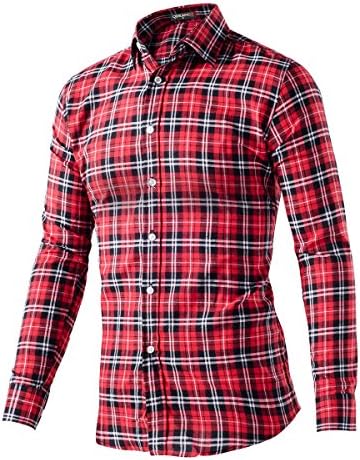 QIHUANG Mens Casual Slim Fit Long Sleeve Pocket Plaid Dress Shirt (Medium, Red)