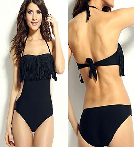 Amazon Unbras 水着 黒ワンピース バンドゥ シンプル セクシー フリンジ 背中穴あき 体型カバー ビキニ ブラック L ワンピース 通販