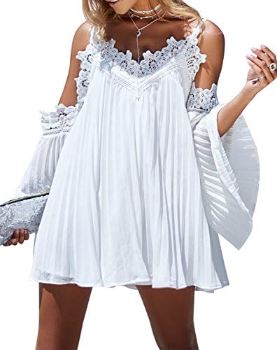 Women Bohemian Cut Out Bell Sleeve Pleated Casual Short Dress Lace Splicing Top Shirts (M, White)