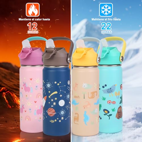 CHARMDOMI Termos para Agua Niños,Botella de Agua 18 oz,Thermos Kids Rosa/Azul/Amarillo/Verde,Acero Inoxidable Doble Capa con Popote,Termo y Botellas Frio y Caliente (Rosa)
