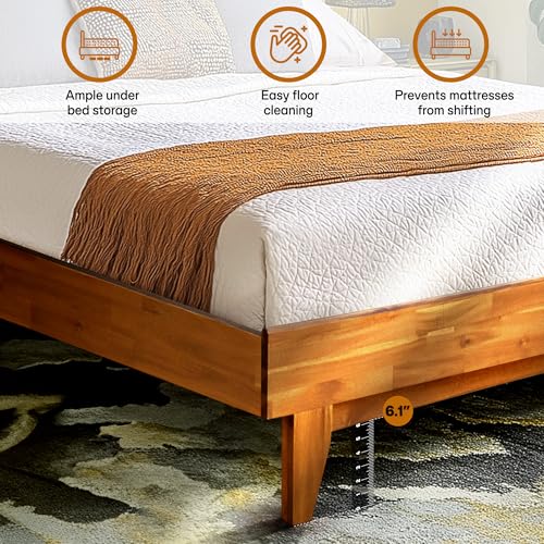 Acacia Aurora King Bed Frame and Headboard Solid Wood Platform Bed, King Bed Frame, Unqiue Design Contemporary Signature Wood Bed Compatible with All Mattress Types, Non-Slip and Noise-Free, Caramel