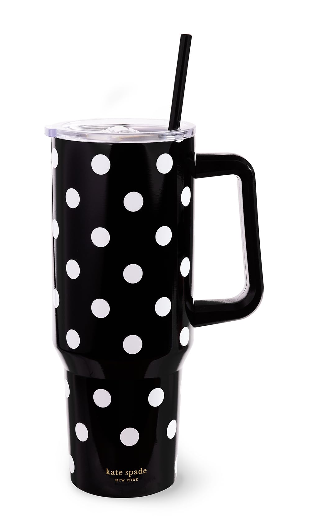 Kate Spade New York 40 oz Tumbler with Handle and Straw, Double Wall Stainless Steel Insulated Tumbler, Cupholder Friendly 40 Ounce Cup, Black Metal Tumbler, Picture Dot