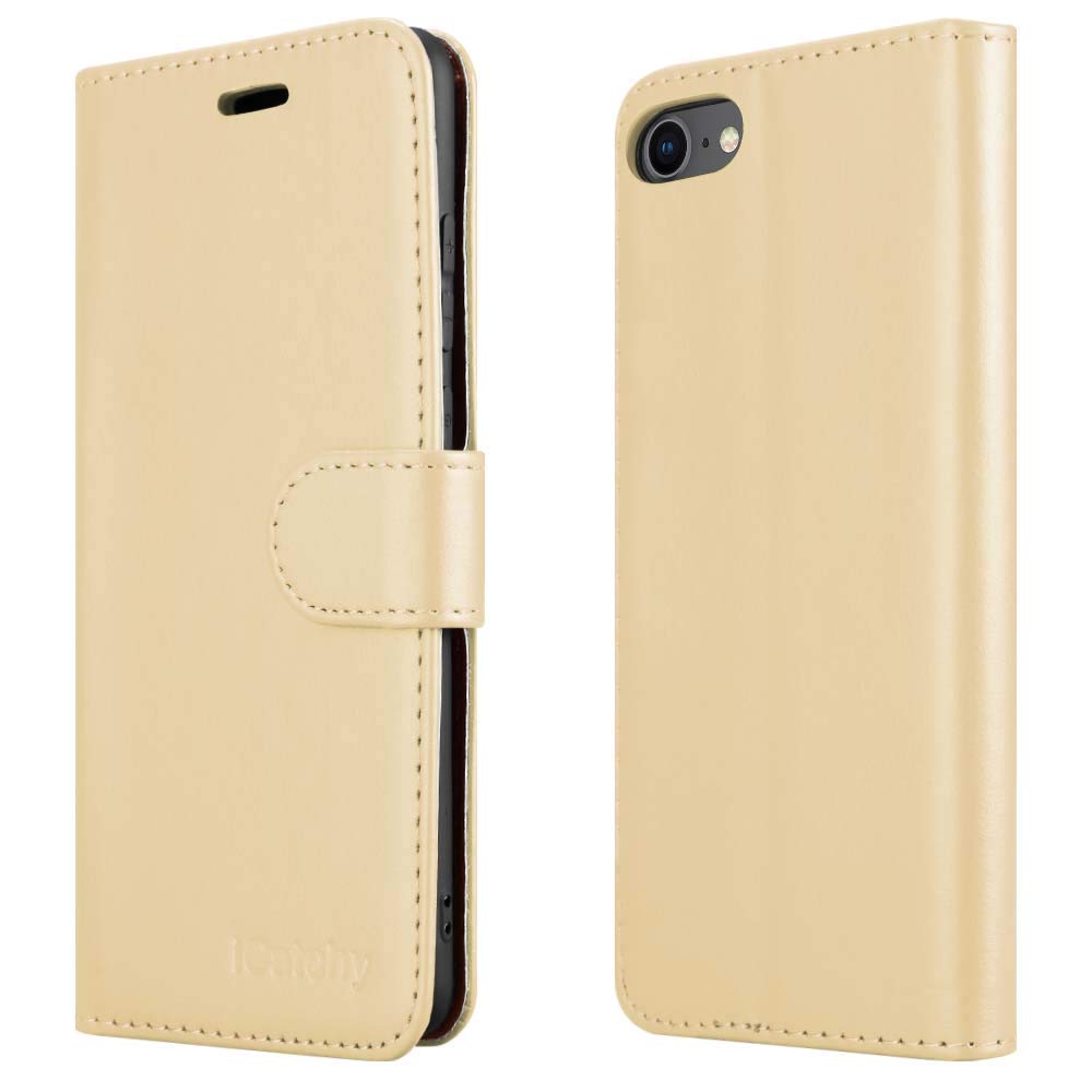 iCatchy for iPhone SE 2022/2020, iPhone 8/7 Leather Wallet Book Flip Folio Stand View Case Compatible With iPhone SE 2022/2020 (Gold)
