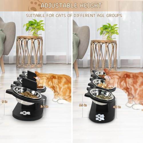 Elevated Cat Food Bowls for Indoor Cats with Adjustable Height Stand and Black Shelf, 3 Stainless Steel Bowls Tilted at 15° for Better Eating Posture, Ideal for Cats and Small Pets (Black)