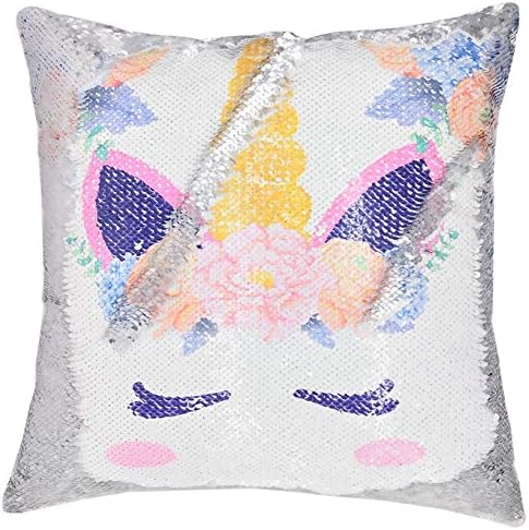 URSKYTOUS Reversible Unicorn Sequin Pillow Case Decorative Mermaid Pillow Cover Color Changing Cushion Throw Pillowcase 16” x 16”,Unicorn and Silver