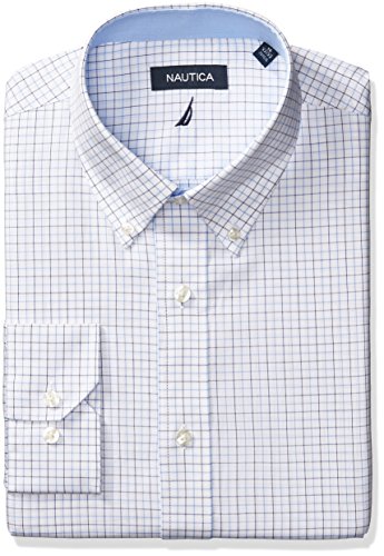 Nautica Men's Tattersal Buttondown Collar Dress Shirt, Light Blue/Blue, 16" Neck 34"-35" Sleeve