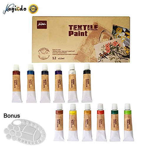 Magicdo Fabric Paint Permanent Vibrant Color Textile Paints Dye for T-Shirt Clothing Canvas Wood Ceramic Glass, 12 Colors x 12ml (0.4 fl. oz) Tube