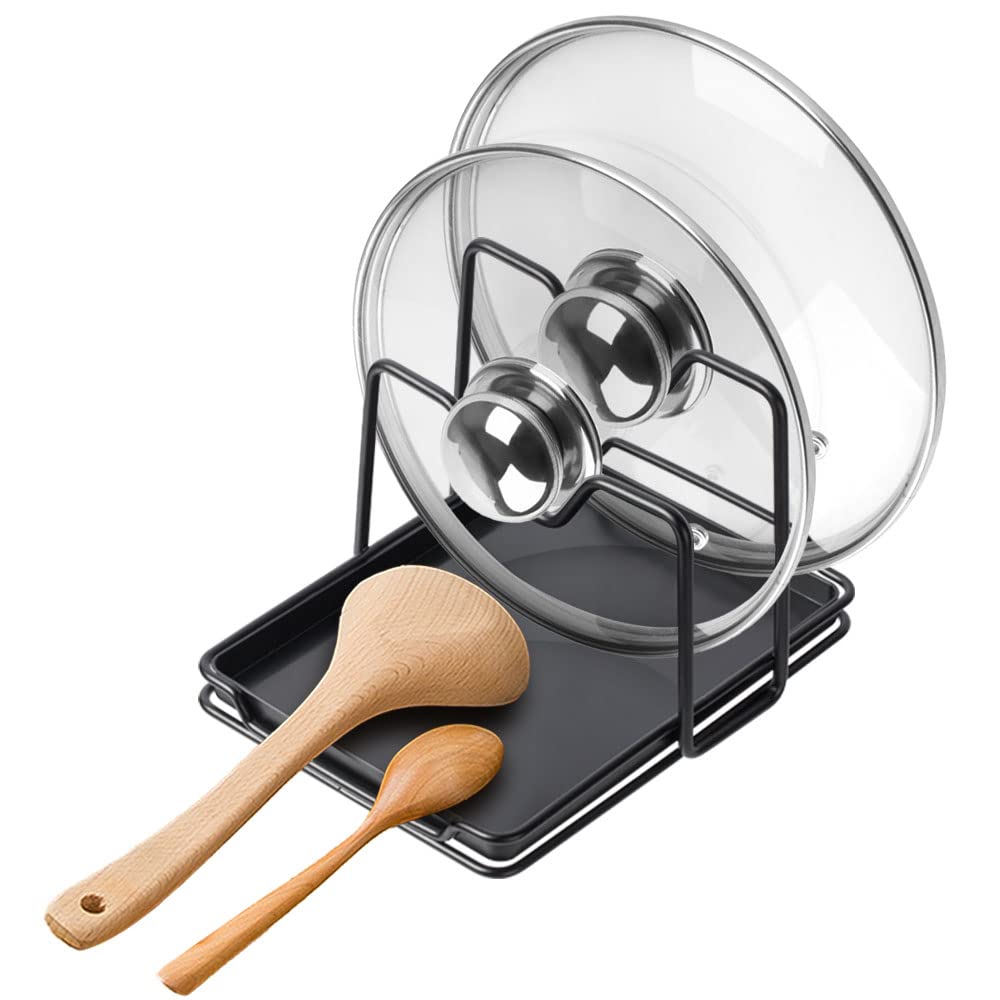 poeland Pot Lid Holder, 2 Layers Pot Lid Organizer Multifunctional Lid and Spoon Rest Rack with Drip Tray for Pot Lids, Spatulas, Spoons, Cutting Boards