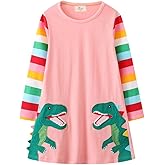 NUBEEHOHO Toddler Girl Long Sleeve Dress Cotton Casual Basic Tunic Dresses Cartoon Applique Dress Kids Fall Winter Clothes