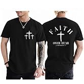 Christian Faith Over Fear Shirt for Men Cross God Jesus T-Shirt Acid Wash God Tees Vintage Bible Verse Short Sleeve Tops