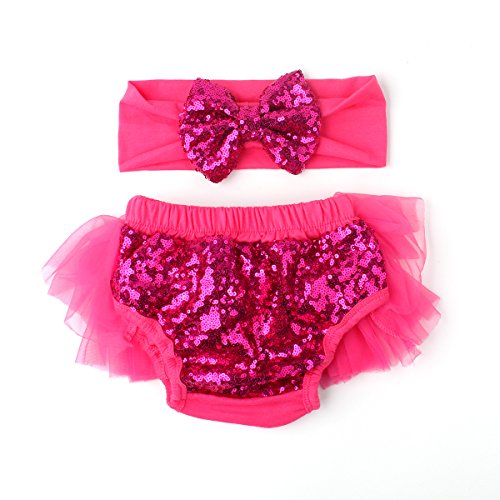 Slowera Baby Girls 2PCS Sets Cotton Tulle Sequins Diaper Cover Bloomers and Headband (Hot Pink, L: 12-24 Months) - Thumbnail 2
