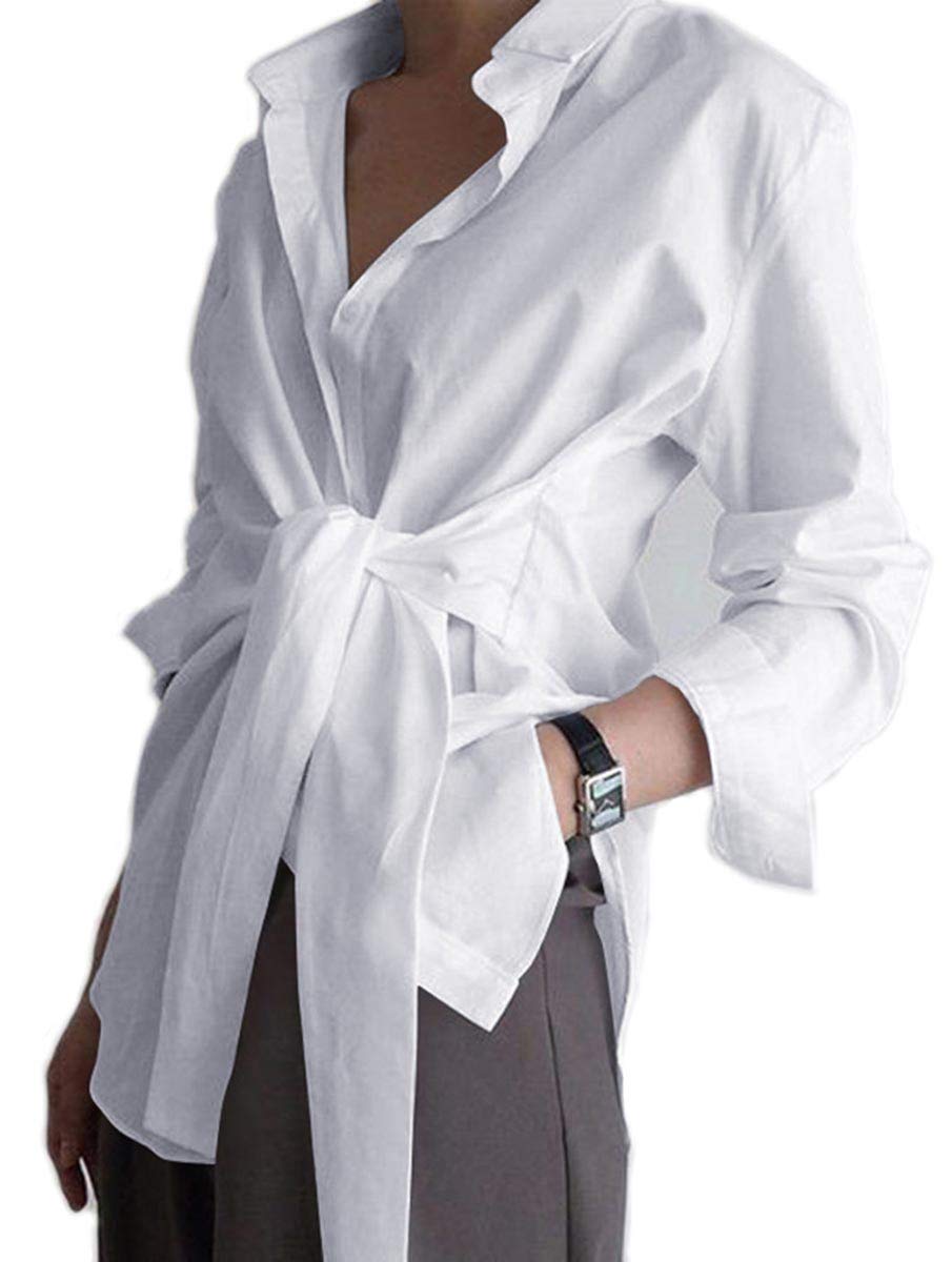Photo 1 of KUFV Women's Long Sleeve Button Down Shirts Tie Waist Casual Loose Blouses Tops White
