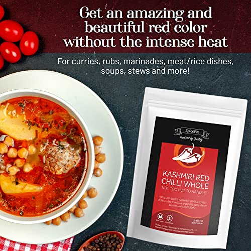 SpiceFix Whole Kashmiri Red Chilli Pepper, Mild to Medium Heat
