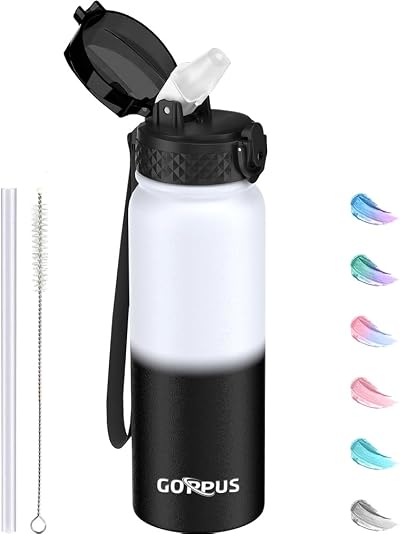 GOPPUS 600ml Stainless Steel Water Bottle with Straw, Double Wall Insulated