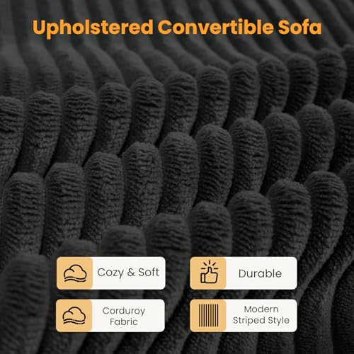 Winzoo Convertible Sofa Bed, Pull Out 3 Seater Sleeper Sofa, 70" Black Boneless Couch Fold Out Floor Couch with 5 Pillows for Living Room Bedroom Lounge Small Space