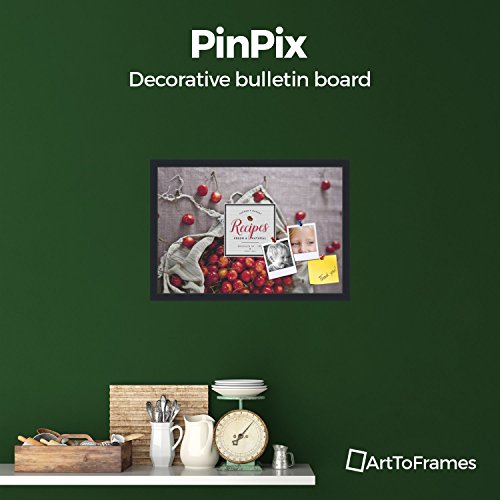 PinPix decorative pin cork bulletin board made from canvas, Recipe Board with Bag of Cherries 24x16 Inches (Completed Size) and framed in Satin Black (PinPix-Group-36)
