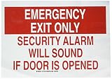 Brady 127169 Fire Safety Sign, Legend"Emergency Exit Only Security Alarm Will Sound If Door is Opened", 10" Height, 14" Width, Red on White
