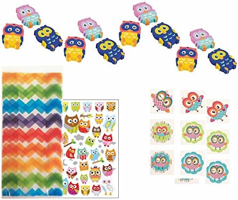 Owl Party Favors for 24 - Owl Tattoos (72), Owl Erasers (24), Treat Bags (24) and Owl Stickers (1 Sheet)