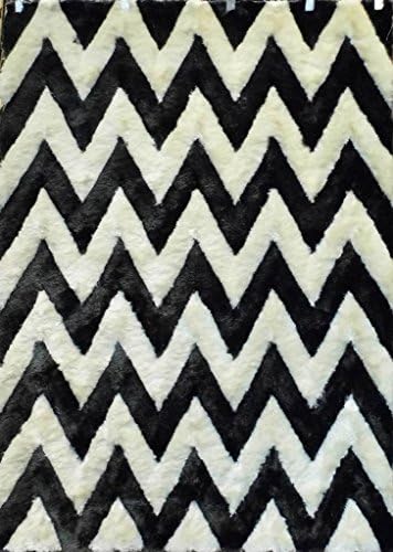 Chevron Shag Area Rug Design Masada #2403B2 Grey And Off White (5 Feet x 7 Feet)