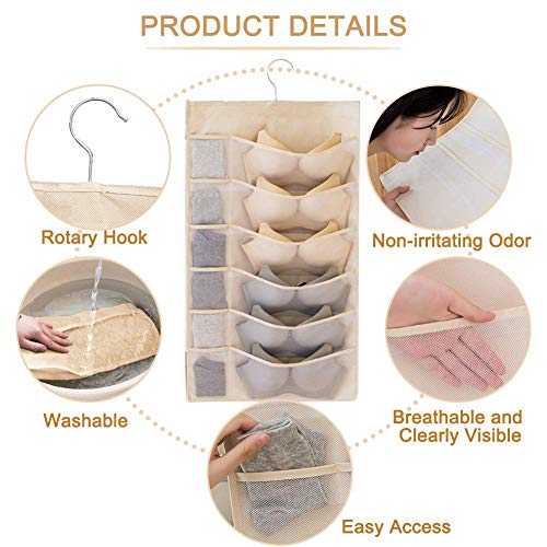 Hanging Closet Organizer, Dual-Sided 30 Pockets Wall Shelf Wardrobe Storage Bags for Underwear, Stocking, Bra and Sock, Mesh Pocket with Metal Hanger