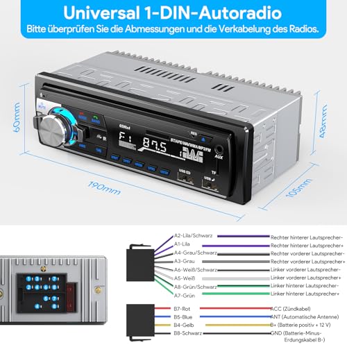 RDS Car Radio Bluetooth 5.0, CENXINY Car Radio Bluetooth Hands-Free Kit, 4 x 65 W 1 DIN Car Radio with Clock/Remote Control, MP3 Player Supports 2 USB/AUX Inputs/TF/SD/FM/iOS Android (No CD)
