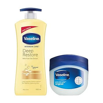Vaseline Intensive Care Deep Restore Body Lotion, 400 ml with Original Pure Skin Jelly, 100 ml