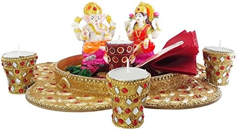 LOF Laxmi Ganesh Idol combo with Star Shape Tray, 4 Designer Handmade Candle (Assorted Color) and Pooja Samagri For Diwali Festival, Pooja Thali