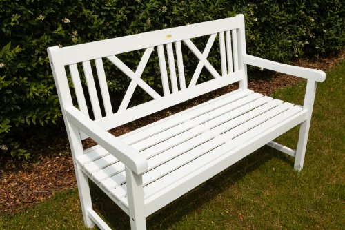 Landhausbank Lübeck, 2-Sitzer Gartenbank, weiß Washed, Länge 120 cm, Parkbank aus Eukalyptus, Holzbank für Balkon, Terrasse, Garten – Bild 4