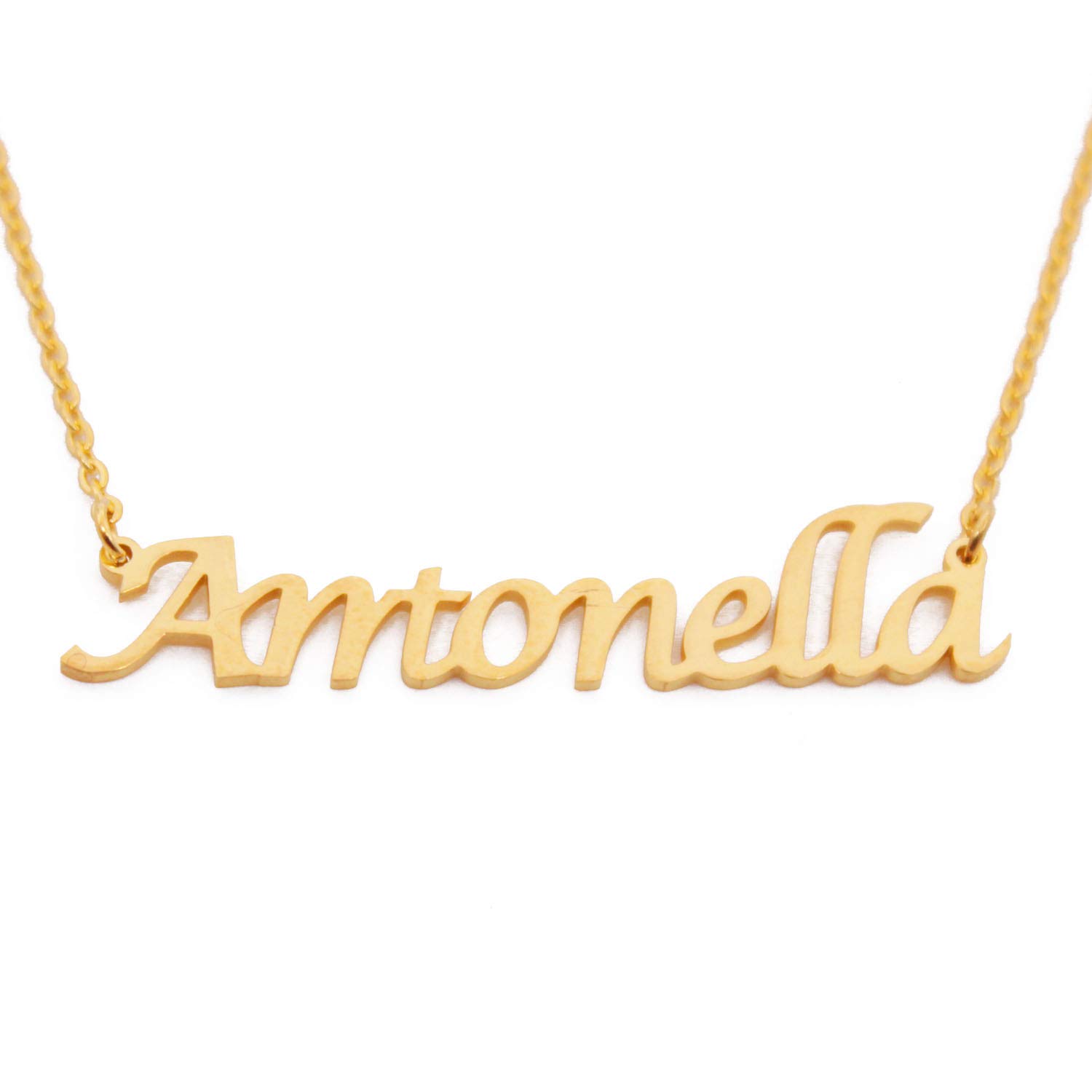 Kigu Antonella Name Necklace Personalised 18ct Gold Plated, Custom Dainty Name Pendants, Jewellery for Ladies, Girlfriend, Mother, Sister, Friends Inc Bag & Box