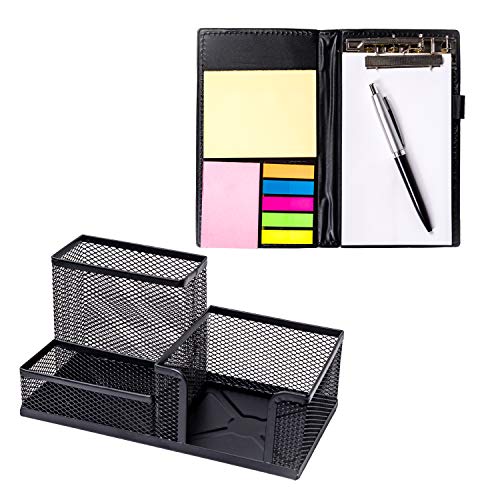 SKYRAFT Metal Mesh Desk Organizer,3 Compartment Stationary Holder and Memo Notepad Diary with Sticky Notes and Clip Holder SKYRAFT Metal Mesh Desk Organizer,3 Compartment Stationary Holder and Memo Notepad Diary with Sticky Notes and Clip Holder