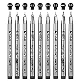 Set of 9 Black Micro-Pen Fineliner Pens, Anti-Bleed&Waterproof Archival ink, Brush&Calligraphy Tip Nibs - Assorted Tip Micro Liner Pen for Artist Illustration Drawing Comic Manga Writing