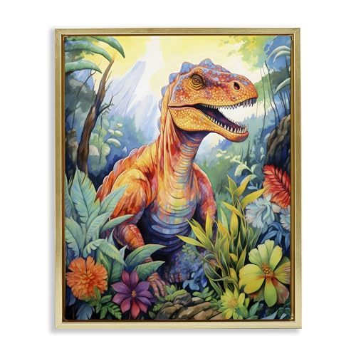 Stupell Industries Dinosaur Leafy Green Jungle Gold Framed Floater Canvas Wall…