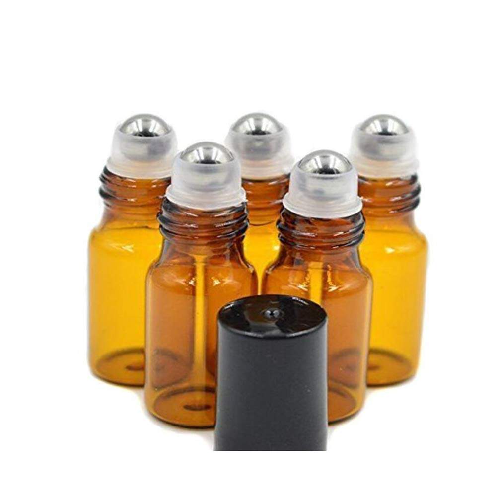 24Pcs 3ml Amber Glass Roller Bottles Container Roll on Bottles with Stainless Steel Roller Ball and Black Lid for Essential Oil Aromatherapy Blends Perfumes Lip Gloss Balms