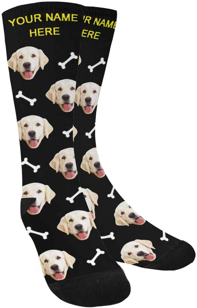Custom Personalized Photo Pet Face Socks, Cat and Dog Tracks Paws Bones Crew Socks with Picture for Men Women