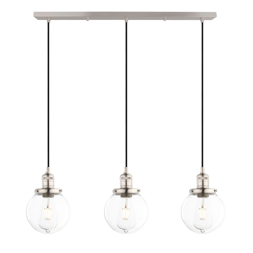 Phansthy Triple Pendant Light, 2m Adjustable Cord Wire Hanging Lamp Cluster Chandelier with Globe Clear Glass Shade, 3 Head Modern Ceiling Lights Fixtures for Kitchen Living Room (Brushed)