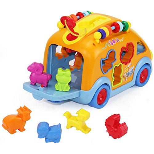 rolimate Musical Bus, Push Pull Vehicle Toy, Electronic Car with Gear, Animal, Puzzle, Early Development Learning Educational Toys for 1,2,3,4 Year Old Baby Infant Toddlers Kids Boys Girls