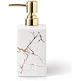 Premium White Marble Ceramic Soap Dispenser – 10oz Square Refillable Bottle with Golden Pump for Bathroom, Kitchen, Vanity, or Office (White)
