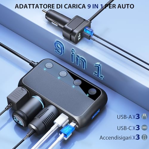 USB-C PD 30W USB QC3.0 Car Charger, 9 in 1 148W Car Charger Cigarette Lighter 12V/24V with 3 Sockets & 6 Ports with LED Display for iPhone Dash Cam
